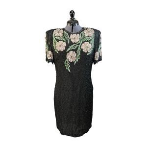 Vintage Laurence Kazar Silk Floral Beaded Cocktail Party Holiday Dress Sz 10/12